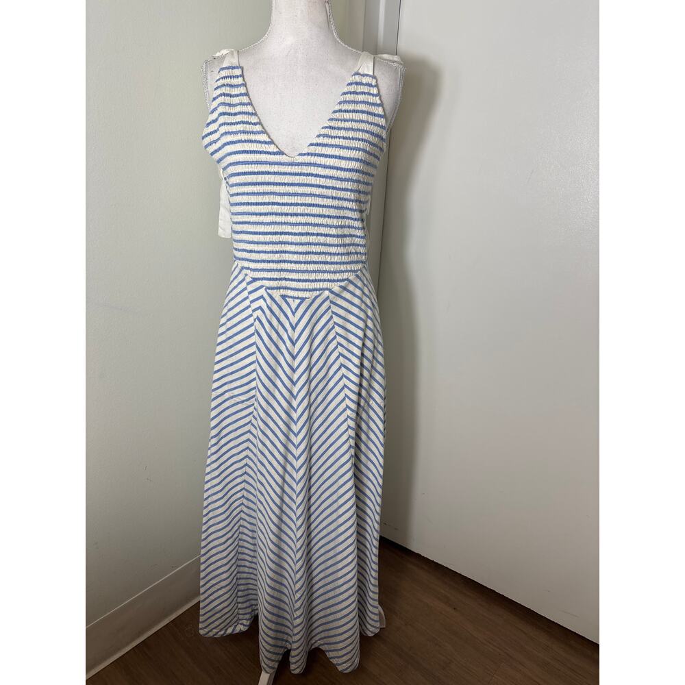 Free-Est Blue White Stripe SMocked Cotton Maxi Dress Sz L